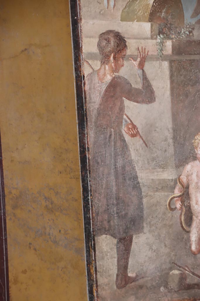 VI.15.1 Pompeii. October 2023. 
North wall of exedra, detail from west side of painting. Photo courtesy of Klaus Heese.
