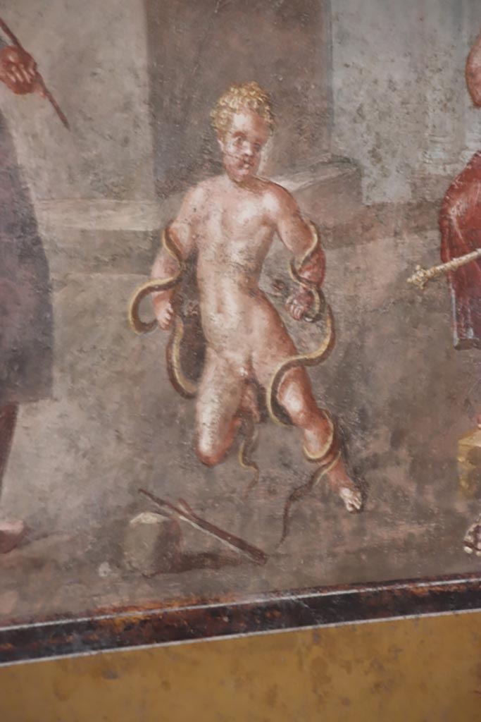 VI.15.1 Pompeii. October 2023. North wall of exedra, detail of Hercules. Photo courtesy of Klaus Heese.