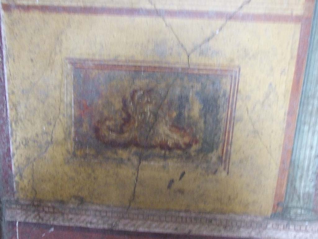 VI.15.1 Pompeii. December 2006. Painting of head on east wall in north-east corner of exedra.