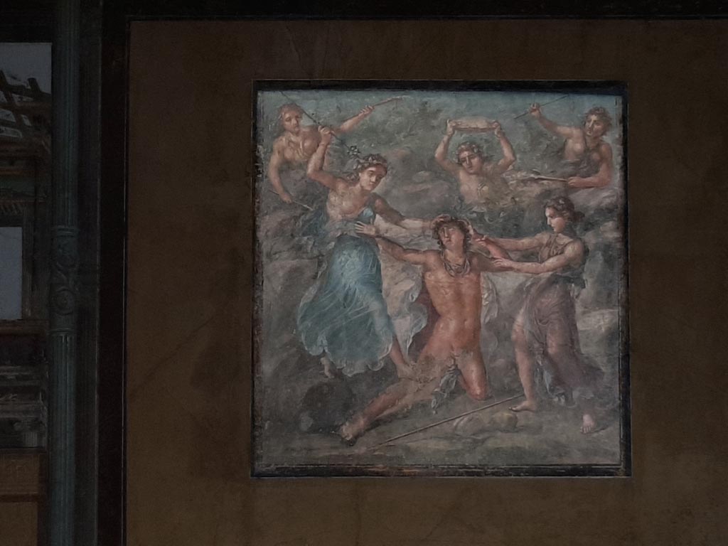 VI.15.1 Pompeii. January 2023. 
East wall of exedra with central painting of the death of Pentheus, who is about to be killed by the Maenads. Photo courtesy of Miriam Colomer.
