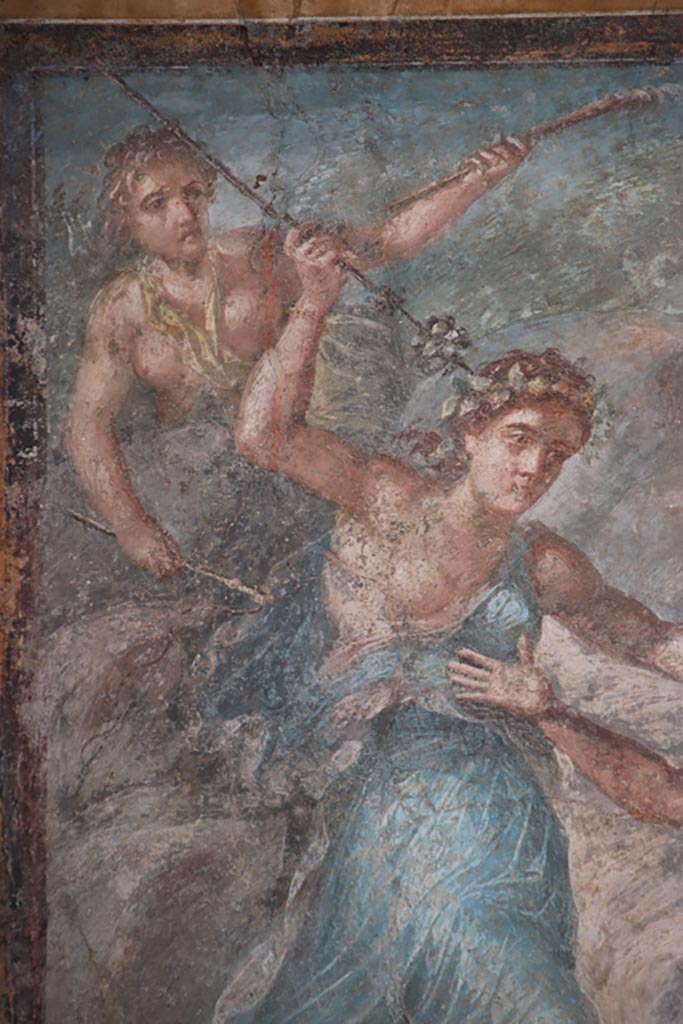 VI.15.1 Pompeii. October 2023. 
Detail from upper left of painting of the death of Pentheus, from east wall of exedra. 
Photo courtesy of Klaus Heese.
