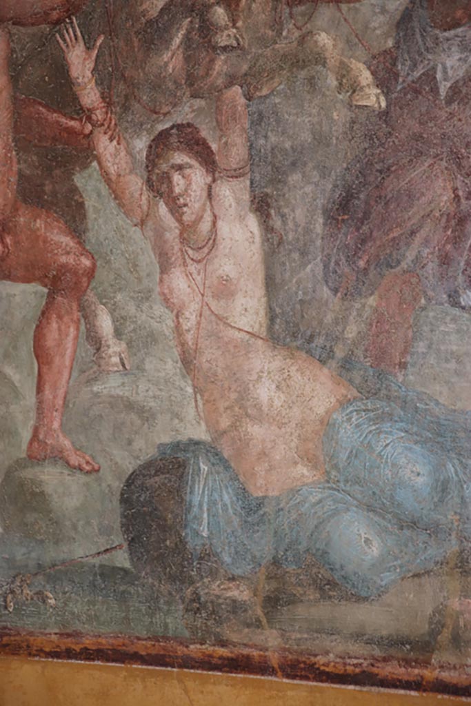 VI.15.1 Pompeii. October 2023.
Detail of Dirce from lower centre of painting of the Punishment of Dirce from centre of south wall of exedra. 
Photo courtesy of Klaus Heese.
