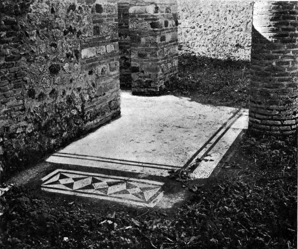 VI.15.5 Pompeii. c.1930. 
Looking west across flooring and mosaic threshold in south portico, towards doorway to room 10.
See Blake, M., (1930). The pavements of the Roman Buildings of the Republic and Early Empire. Rome, MAAR, 8, (p.14 ftn 2, 103, & Pl.1, tav 4).
