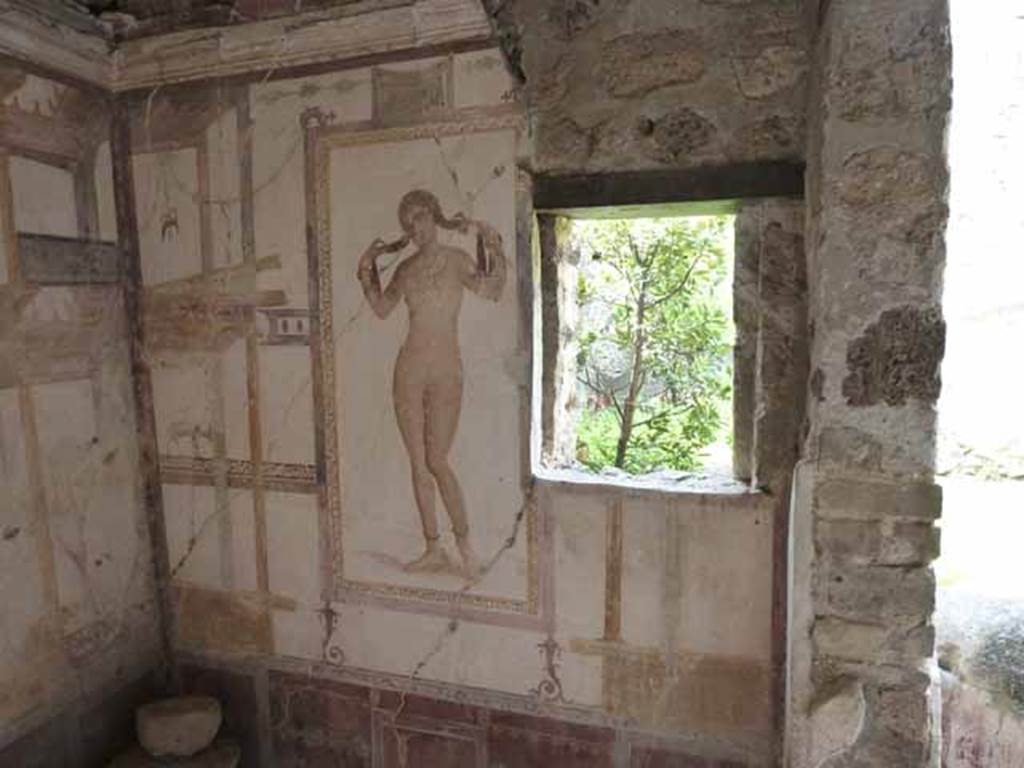 VI.15.8 Pompeii. May 2010. West wall and south-west corner of summer triclinium.
According to NdS, this small room covered by a vault, also received light from two small windows which opened in the side walls.