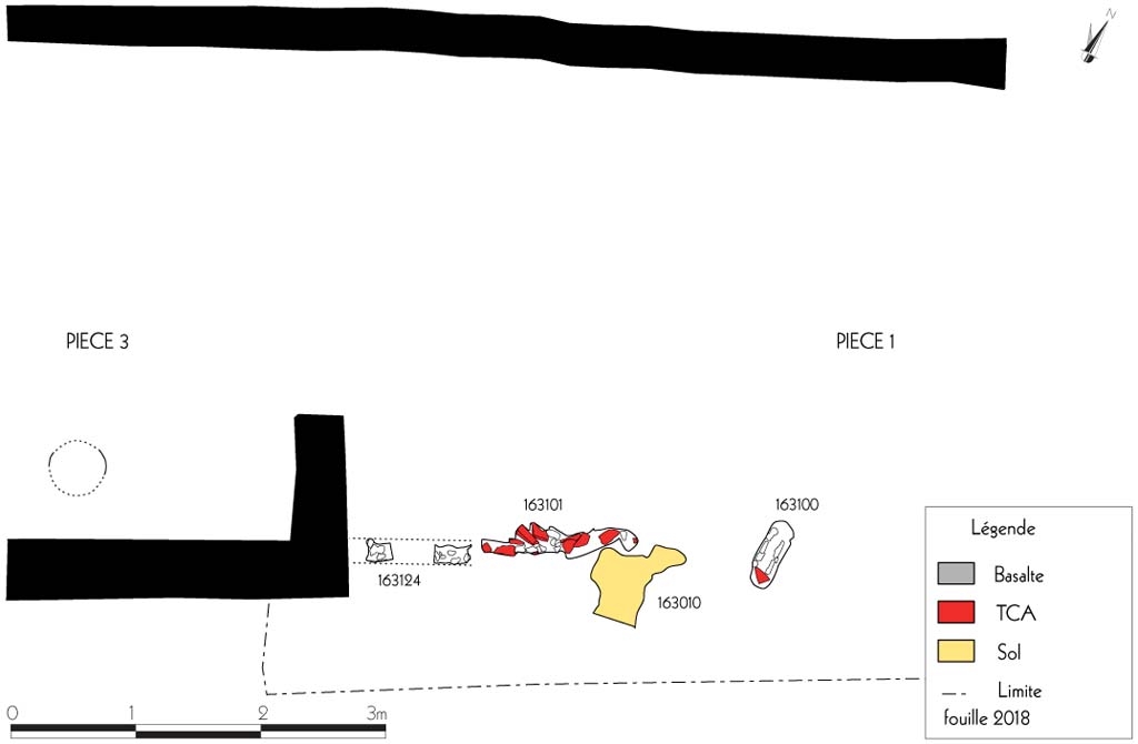 Fig. 2 – Pompéi, VI 16, 3-4, pièce 1. Plan des vestiges antérieurs au Ier s. av. n.è.
Relevé, dessin : F. Fouriaux/EFR. Licence creative commons, © CC BY-NC-SA.
