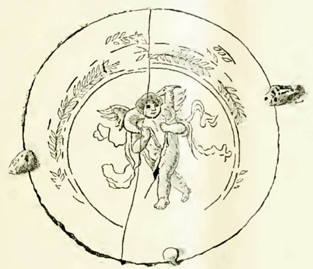 VI.16.7 Pompeii. 1908. Drawing of glass medallion found on the right of the north wall. The glass was incised with the figures and attributes of cupids which were then inlaid with gold leaf. See Notizie degli Scavi di Antichità, 1908, p. 35, fig. 5.