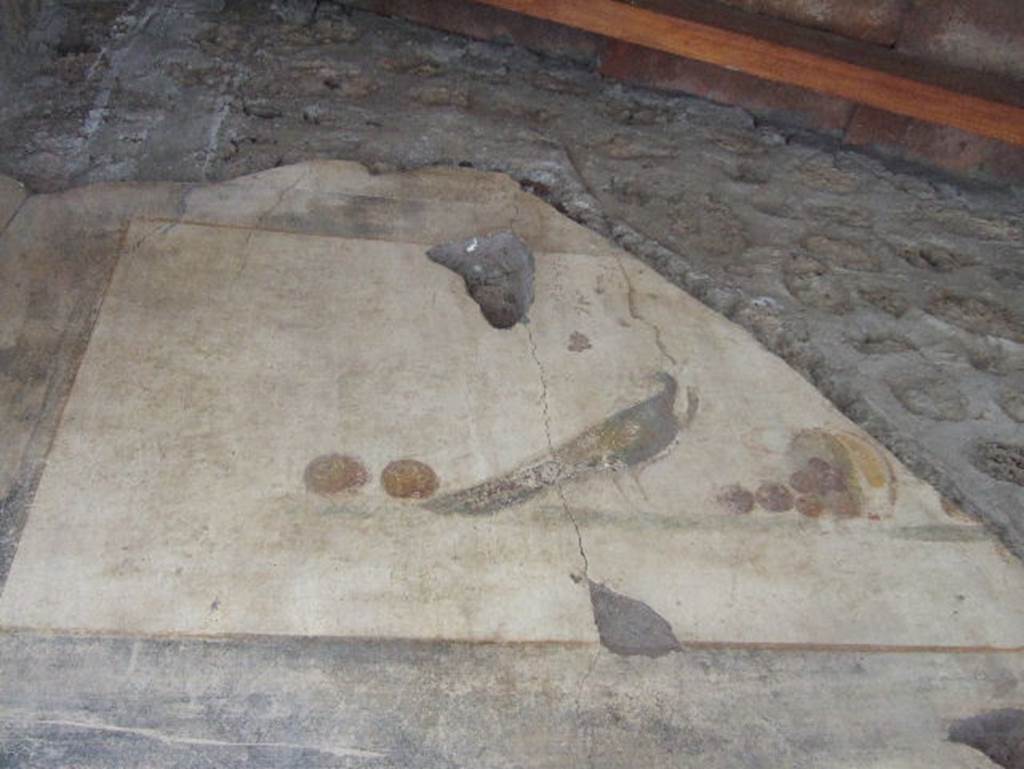 VI.16.7 Pompeii. May 2006. Entrance A upper north wall.
Painting of still life with peacock and fruit.

