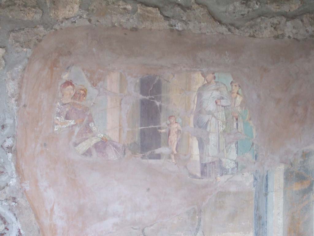 VI.16.7 Pompeii. May 2006. Room E, remains of wall painting of Paris and Helen at Sparta on west wall of tablinum.  