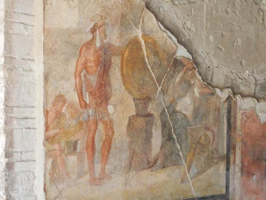VI.16.7 Pompeii. May 2016. Room G, centre of north wall of oecus, next to doorway. 
Wall painting of Thetis in the workshop of Hephaestus, after recent restoration.
Photo courtesy of Buzz Ferebee.
