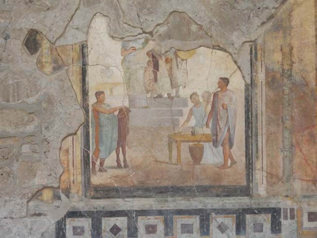 VI.16.7 Pompeii. May 2016. Room G, centre of east wall of oecus, after recent restoration. Wall painting of Jason, with one sandal only, stepping in front of Pelias. 
Photo courtesy of Buzz Ferebee.
