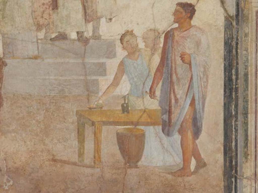 VI.16.7 Pompeii. May 2016. Room G, east wall of oecus, detail from painting. Photo courtesy of Buzz Ferebee.
