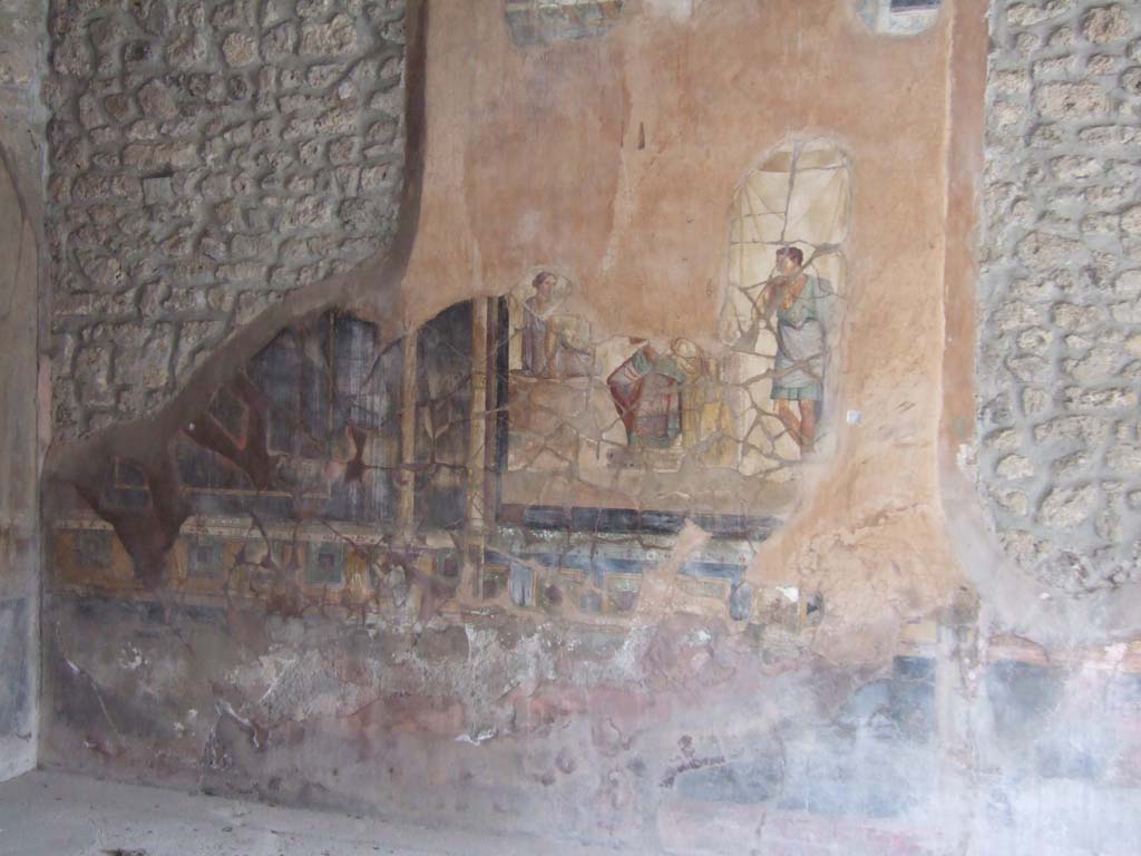 VI.16.7 Pompeii. May 2006. Room G, south wall of oecus. Wall painting of Achilles with Briseis and Patroclus in his tent. 