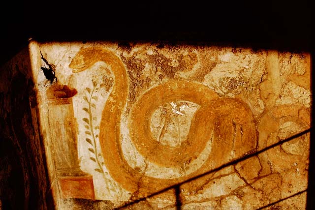 VI.16.7 Pompeii. December 2018. 
Room F, painting of objects of the cult of Isis, on east wall of lararium. Photo courtesy of Aude Durand.
