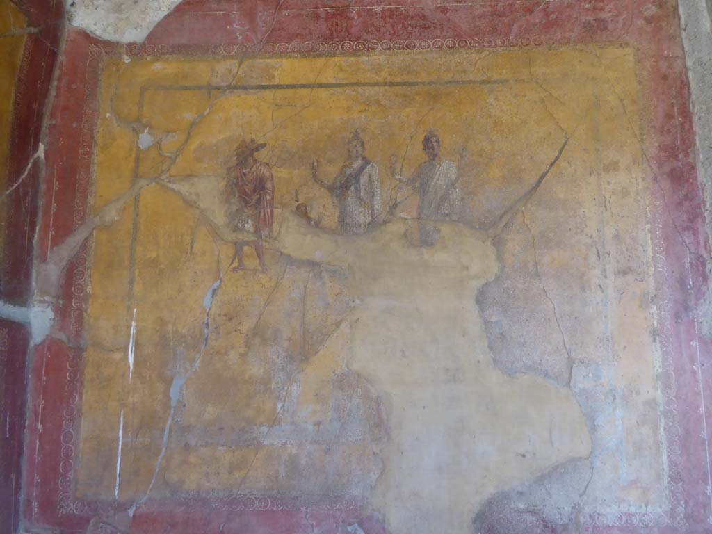 VI.16.7 Pompeii. September 2015. 
Room F, painting of the gods on the lararium on the south wall in the south-east corner of the peristyle.
Foto Annette Haug, ERC Grant 681269 DÉCOR.
