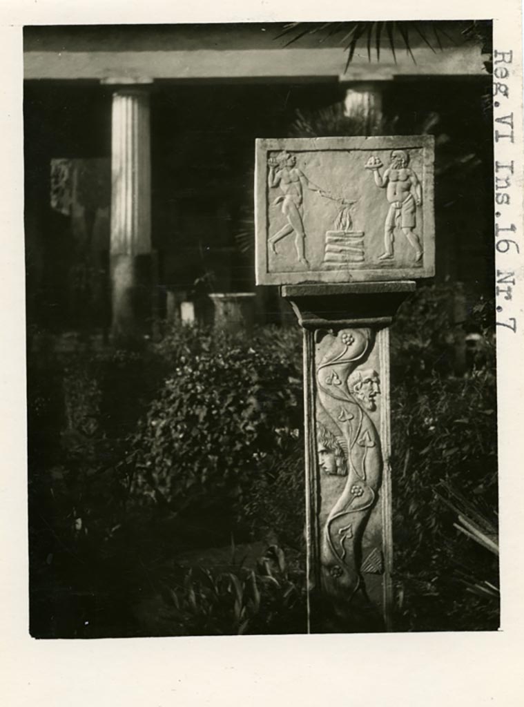 VI.16.7 Pompei. Pre-1937-39. Flat post with rectangular relief showing a satyr and Silenus making a sacrifice at an altar. 
Photo courtesy of American Academy in Rome, Photographic Archive. Warsher collection no. 1438.
