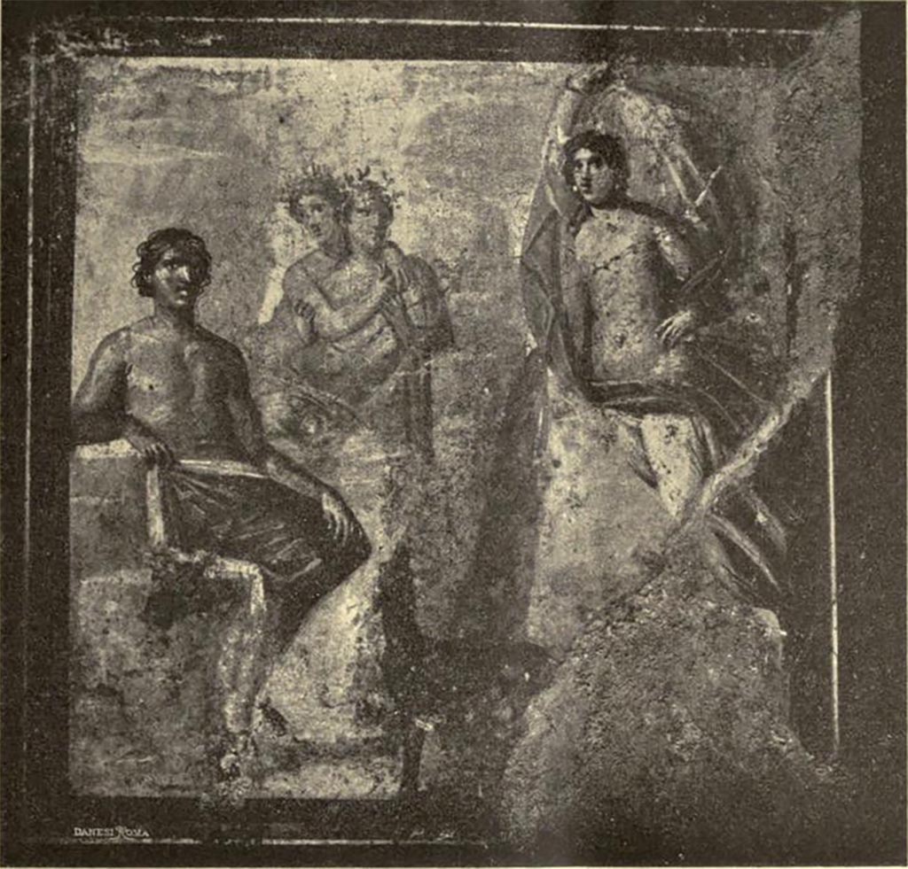 VI.16.15 Pompeii. 1908. South wall of room G with detail of wall painting of Selene and Endymion.
Selene coming down from on high approaching Endymion, on left.
Endymion sits on a stone seat in front of a mountainous background
See Notizie degli Scavi di Antichità, 1908, (p. 77, fig. 7).
