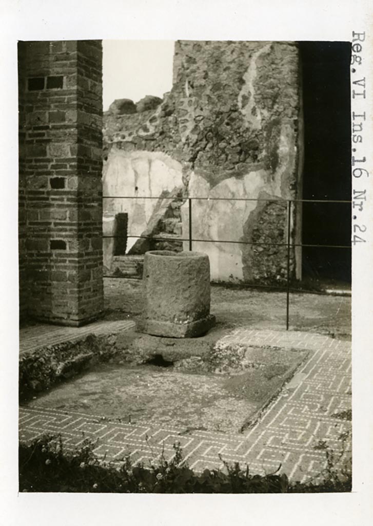VI.16.27/26 Pompeii, but shown on photo as VI.16.24. Pre-1937-39.
Looking north across impluvium in atrium. (See also VI.16.26 for more photos).
Photo courtesy of American Academy in Rome, Photographic Archive. Warsher collection no. 1441.
