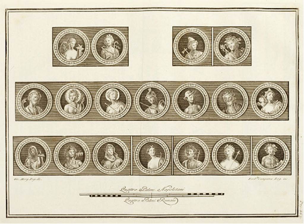 Pompeii Insula Occidentalis. Tondi (round medallions) found in May 1760 in the same room at Civita.
The information on the tondi given by AdE 3, p. 257-263 was quite detailed.
“A room was found in May 1760 in the excavations of the City whose walls were all painted yellow, and around these walls, at the height of about 1.58m from the ground, the tondi were painted, and other tondi: 
- Placed in order on a wall were the seven tondi of the days of the week, which luckily were found in their entirety, as here you see recorded, with all the fascia of the plaster, which also was entirely preserved in the original painting: 
- The tondi of the other walls were for the most part missing in the plaster, or totally lost their colour:
-  In order that it is worthwhile, the drawings of the broken off fragments, that are observed here, unified or divided, are precisely as are the original pieces of the plaster.” 
For more of this detail see our pictures below.
See Antichità di Ercolano: Tomo Terzo: Le Pitture 3, 1762, pl. 50, pages 257 -263.
See PAH 1, 1,106-8, 19th April to 2nd May 1760.
