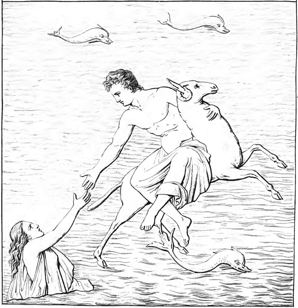 VI.17 Ins Occ. Pre-1843 drawing by Abbate of Phryxus and Helle. Found 8th July 1760.
See Raccolta de più interessante Dipinture e di più belle Musaici rinvenuti negli Scavi di Ercolano, di Pompei, e di Stabia. 1843. Napoli, p. 85 of 260.
