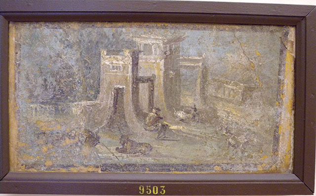 Podere di Irace. Painting by Gregorio Mariani, 1871. A poet giving instructions to an actor. (Helbig 1456)
DAIR: Pompeji Wandmalerei 34, p. 117. Photo © Deutsches Archäologisches Institut, Abteilung Rom, Arkiv. 
See Fiorelli G., 1860. Pompeianarum antiquitatum historia, Vol. 1: 1748 - 1818, Naples, 1, 15th September 1764, Podere di Irace, no. 8 out of 13 pictures found.
At the top is a note "Napoli Museo Nazionale – Parete XXXV"
The original wall painting is now in Naples Archaeological Museum. Inventory number 9032.
(Note: A very similar drawing by A. Aureli can be seen in IX.3.5, Helbig 1455, and MANN 9038)
