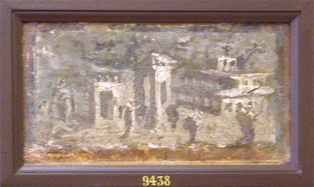 VI.17.25? Pompeii  Found on 29th September 1764 along with 14 other pictures in the Masseria di Don Giacomo Irace.
Wall painting of boats and fishermen and buildings.
Now in Naples Archaeological Museum. Inventory number 9463.
See Pagano, M. and Prisciandaro, R., 2006. Studio sulle provenienze degli oggetti rinvenuti negli scavi borbonici del regno di Napoli. Naples : Nicola Longobardi.  (p.48-9).
(Pagano & Prisciandaro list this as from VI.17.25?, but was this under the Irace property?)
