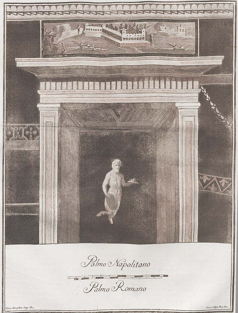 VI.17.25 Pompeii?  Zoccolo painting found on 3rd November 1764.
Now in Naples Archaeological Museum. Inventory number 9688.
(Pagano & Prisciandaro list this as from VI.17.25, but was this under the Irace property?)
See Pagano, M. and Prisciandaro, R., 2006. Studio sulle provenienze degli oggetti rinvenuti negli scavi borbonici del regno di Napoli. Naples: Nicola Longobardi, p. 50. 

According to CulturaItalia, this is marine scene on a black plinth with three white bordered interior frames.
The central frame has a marine bull and a centaur with a lobster body. 
The side frames have scenes with pygmies that are barely legible. 
Between the frames there are two herms with satyrs with crowns of foliage and wearing short tunics. 
The left satyr has a cup in his left hand and a stick placed on the right shoulder. 
The right satyr has a patera in his right hand and a stick resting in his left shoulder.

See CulturaItalia - Mostri Marini
