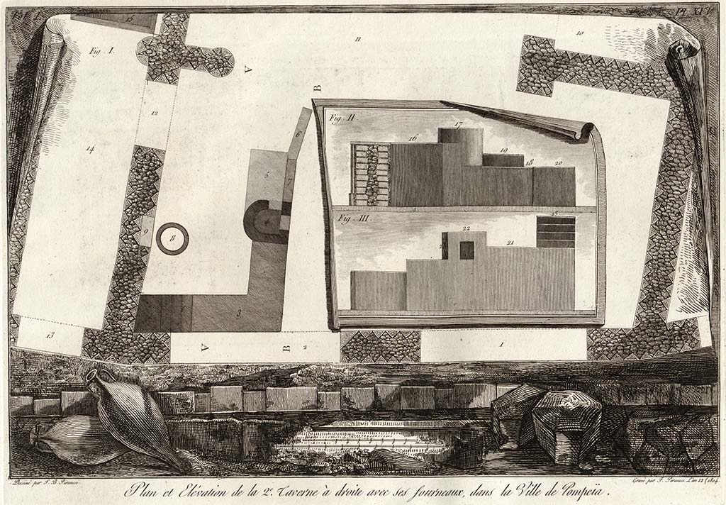 VI.17.5, on left, then VI.17.4 entrance doorway to bar room, and VI.17.3, centre right. 
Pre-1778 drawing by J. B. Piranesi, engraved by F. Piranesi, published 1804. 
See Piranesi, F, 1804. Antiquités de la Grande Grèce : Tome I. Paris : Piranesi and Le Blanc. Vol. I, pl. XXV.

