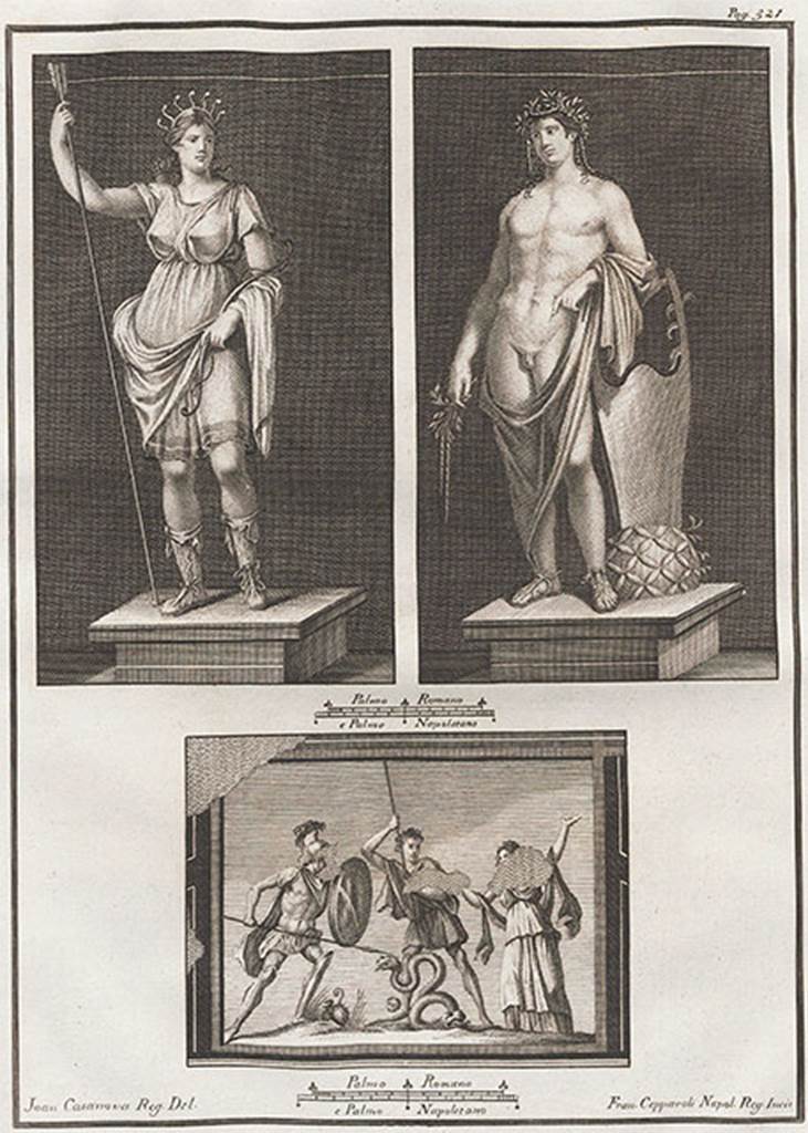VI.17.9-10 Pompeii. Three paintings found 20-29 October 1763.
The top two companion paintings were found in “Civita”.
The painting below was also found in “Civita”.
See Antichità di Ercolano: Tomo Quarto: Le Pitture 4, 1765, pages 319-321, pl. 64.
