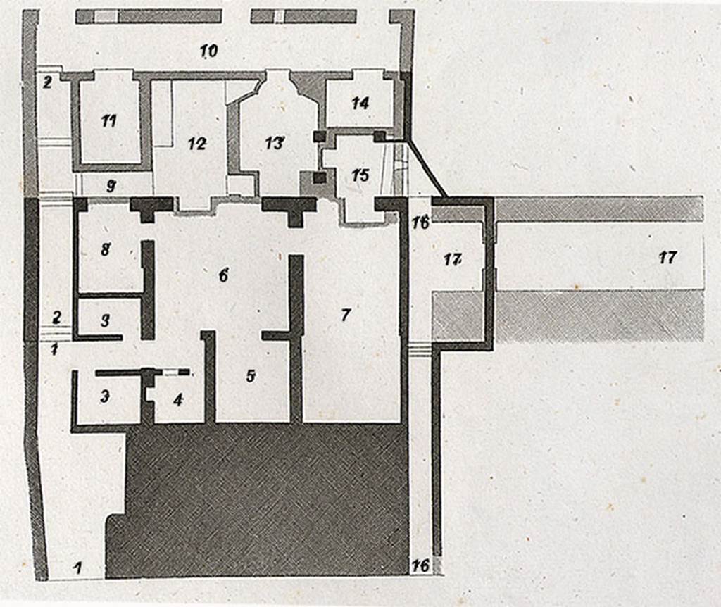 VI.17.9, 10 and 11 Pompeii, on west side of Via Consolare.
1824 plan of the two lower floors as drawn by Mazois

The first of the two lower floors was devoted to the family, and the second to the baths.
1:  arriving by the gentle slope marked 11, in fig. 1.
2:  sequel to the gentle ramp to go down to the floor below, 
3:  rooms for the servants, 
4:  rooms,
5:  small room,
6:  windowed salon, 
7:  triclinium communicating by the vaulted room (?la treille) where the room 15, together with the corridor 16, leads to the kitchen area placed in the  
         rooms on the floor below, as one sees in fig.1;
8:  room heated in the winter by the baths placed below
9:  entrance to the baths, under the previous floor
10:  corridor or porticoes in front of the baths, the top of the front wall still supports the terrace. There is the appearance that this portico, as those in 
         other houses, gave onto the garden, and the garden onto the sea.
11:  room in the baths area, 
12:  baths area, 
13:  steam room,
14: 15:  two rooms in the baths area, 
16:  communication passage with the rooms,
17:  way below, under the city walls
See Mazois, F., 1824. Les Ruines de Pompei: Second Partie. Paris: Firmin Didot, p. 71, pl. XXVIII, fig II, house at lower level. 
