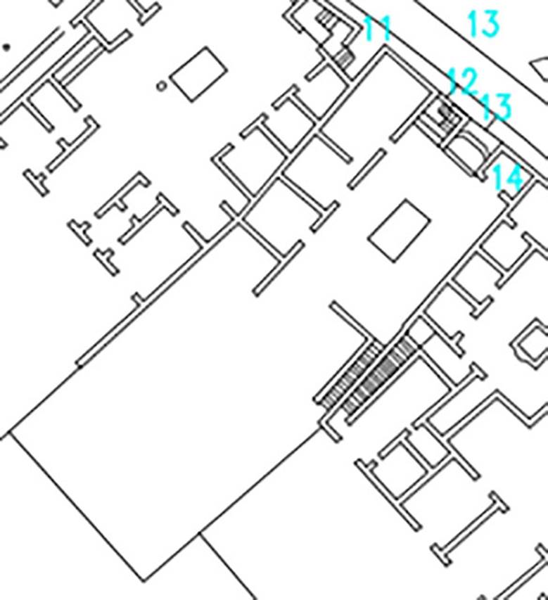 VI.17.12, 13 and 14 Pompeii. VI.17.13 is in the centre.
Plan courtesy Dobbins, J. J. and Foss, P. W., 2008. The World of Pompeii. Oxford: Routledge, CDRom.
According to Fiorelli –
“VI.17.12-14. Un altra casa teneva sulla via una bottega, di cui sembra caduto il muro di fondo, un adito per la discesa nei sotterranei, e la porta d’ingresso preceduta da vestibolo, a sinistra del quale era un cubicolo. Altri tre cubicoli stavano sul destro lato dell’atrio, di cui essendo sprofondato il tablino, non rimane che una gradinata esistente nella vicina fauce.
See Fiorelli, G. (1875). Descrizione, (p.432-3)
See Pappalardo, U., 2001. La Descrizione di Pompei per Giuseppe Fiorelli (1875). Napoli: Massa Editore. (p.159)
(translation -
"VI.17.12-14. Another house which had a shop on the roadway, of which it seemed the rear wall had fallen, a room to descend to lower floors, and the entrance doorway preceded by a vestibule, to the left of which was a cubiculum. Another three cubicula were on the right hand side of the atrium, the tablinum having collapsed, nothing remained other than a stair existing in the nearby corridor.)
According to Eschebach, Fiorelli’s description may have been imperfect, “shop does not exist”.
See Eschebach, L., 1993. Gebäudeverzeichnis und Stadtplan der antiken Stadt Pompeji. Köln: Böhlau. (p.235)