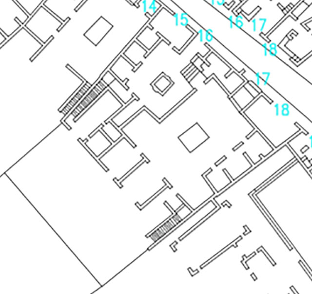 VI.17.15 shop, 16, and 17 entrances, 18 shop, combined plan. 
Plan courtesy Dobbins, J. J. and Foss, P. W., 2008. The World of Pompeii. Oxford: Routledge, CDRom.

According to Fiorelli –
VI.17.15-18 – “Due case unite costituivano forse l’abitazione di una sola famiglia.  
Esse avevano due ingressi separati sulla strada e due botteghe, stando in relazione tra loro per gli atrii, entrambi tuscanici, e ciascuno con tre cubicoli da un solo lato.
La prima inoltre no.16, teneva accanto allo ingresso la cucina, poco piu innanza la gradinata che la metteva in communicazione con la casa seguente, e nel fondo il triclinio, una seconda scalinata, e due oeci.
La seconda, casa no.17, che sembra la piu nobile, conteneva le ali, il tablino, due fauci, ed un’altra gradinata di discesa. 
L’edificio poi era terminato nel piano piu alto con un loggiato, che ora era distrutto.
In uno dei pilastri che fronteggiano la strada leggevasi:
M . CERRINIVM
AED . SALINIENSIS
               ROG                          ”)
See Fiorelli, G. (1875). Descrizione, (p.433)
See Pappalardo, U., 2001. La Descrizione di Pompei per Giuseppe Fiorelli (1875). Napoli: Massa Editore. (p.159)
(translation –
"Two united houses constituting perhaps the dwelling of a single family. They had two separate entrances on the roadway and two shops, linked to the atriums, both atriums were Tuscanic, and each with three cubicula only on one side.
The first No. 16, had the kitchen near to the entrance doorway, nearby were the the steps linking with the next house, and at the rear was the triclinium, a second stairway, and two oeci.
The second, house No. 17, which seemed the most noble, contained ala, the tablinum, two corridors, and another steps leading down. The building was finished on the highest floor with a loggia, which was now destroyed. 
In one of the pillars that fronted onto the roadway, the following could have been read -
M . CERRINIVM
AED . SALINIENSIS
               ROG                           ”)
