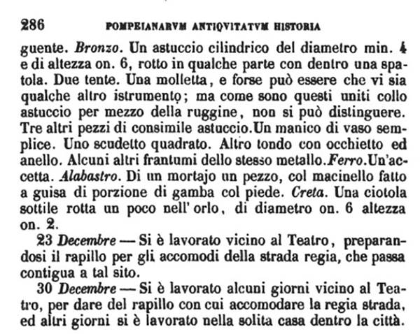 PAH, 16th December 1775 cont’d, (P.286)
Copy of Pompeianarum Antiquitatum Historia 1, I, Page 286, December 1775