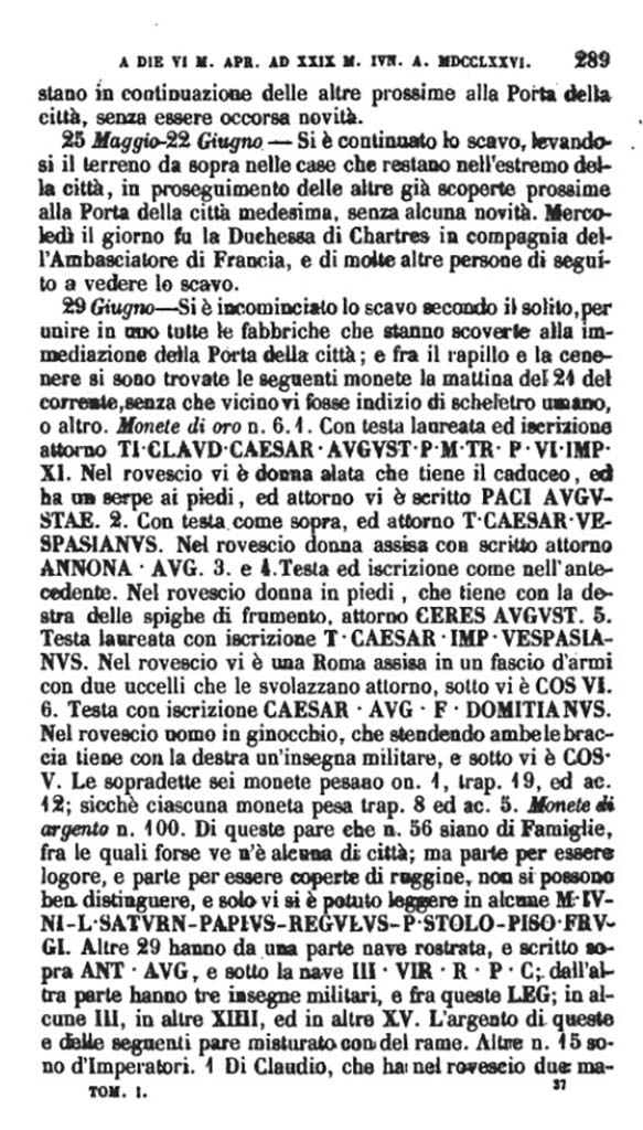 Copy of Pompeianarum Antiquitatum Historia 1, I, Page 289, May to June 1776.