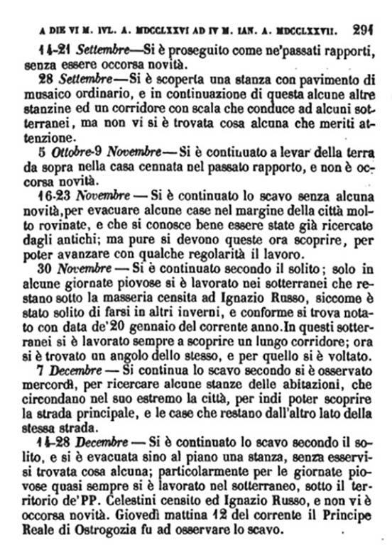 Copy of Pompeianarum Antiquitatum Historia 1, I, Page 291, September to December 1776.