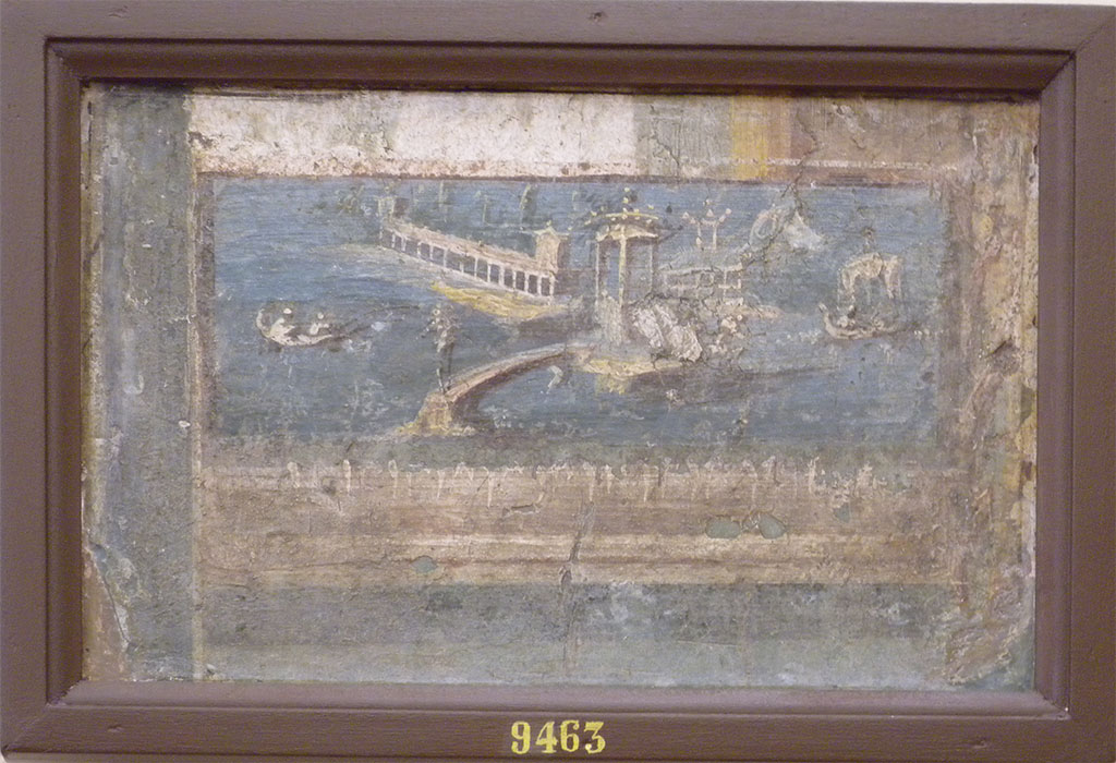 VI.17.25 Pompeii? Found on 29th September 1764 along with 14 other pictures in the Masseria di Don Giacomo Irace.
Wall painting of boats and fishermen and buildings. Now in Naples Archaeological Museum. Inventory number 9463.
This may or may not have been found in this house.
See Pagano, M. and Prisciandaro, R., 2006. Studio sulle provenienze degli oggetti rinvenuti negli scavi borbonici del regno di Napoli. Naples: Nicola Longobardi.
(p.48-9).