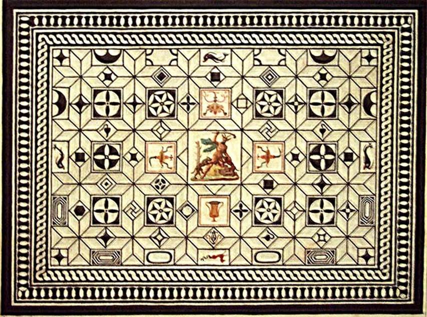 VI.17.25 (or perhaps VI.17.36 Pompeii – both known as House of Polybius). c. 1800-1824. Painting of Actaeon Mosaic by F. Morelli.
According to Niccolini, this was one of the most beautiful mosaics found at Pompeii.
Rather than worked in mosaic, this floor would be said to be exquisitely painted, so great was the symmetry and equality of its details; and although it doesn't offer more than a geometric design, still it does not have the coldness, but has all the warmth of a composition.
In the square in the middle, we see Actaeon turned into a deer, being attacked by the dogs of Diana.
See Niccolini F, 1890. Le case ed i monumenti di Pompei: Volume Terzo. Napoli, L’Arte in Pompei, tav. XIII.
According to Sampaolo,
“Probabilemente poco tempo dopo lo scavo Morelli esegui il disegno del mosaico rinvenuto in una stanza “alquanto diroccata” della grande casa denominata “di Polibio” da un iscrizione elettorale. ............... Come tutto il resto delle abitazione disposte a schiera sulla mura occidentali, messe in luce nel periodo murattiano,anche questa casa fu risepolta e non risulta che ne sia stato distaccato l’emblema.”
(translation:-
Probably a short time after the excavation, Morelli made the drawing of the mosaic found in a room “somewhat ruined” of the large House, called “of Polybius” because of an electoral inscription. …………………………..
Like all the rest of the houses arranged in a row on the western walls, brought to light during the period of Murat, this house was also reburied, and it is not apparent that the emblema had been detached.”
See Sampaolo, V. In Carratelli, G., 2003. Pompei: la documentazione nell’opera di disegnatori e pittori dei secoli XVIII eXIX. (Roma: Treccani), (p.98)
As Sampaolo is Italian, presumably living in Italy, with all the knowledge and records at her disposal, we bow to her superior and local knowledge, and have included this Morelli mosaic in both VI.17.25, and also VI.17.36. It is a pity that these beautiful houses on the western escarpment cannot be further investigated, rescued and restored.