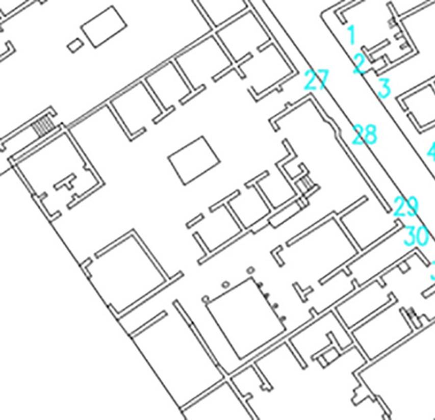 VI.17.27 Pompeii. Plan of VI.17.27, 28, 29 and 30. 
Based on Dobbins, J. J. and Foss, P. W., 2008. The World of Pompeii. Oxford: Routledge, CDRom.
According to Fiorelli 
VI.17.27-30, La casa appresso, deformata per laggiunta di fabbriche moderne, aveva oltre il vestibolo ed il protiro due grandi celle ai lati della porta, con discesa dalla via nella sottostante cantina. Il suo atrio tuscanico, tenendo tre cubicoli ed unala da ciascun lato, mostrava in fondo il tablino, cui erano adiacenti un oecus e due cubicoli, preceduti da una cella che loro serviva di vestibolo.
Dallala meridionale entravasi poi nel giardino,il cui portico schiudeva il varco ad unexedra, ad un triclinio, ad una apotheca, alla cucina, ad una gradinata per montare di sopra, e ad altre celle annesse, da una delle quali potevasi entrare nellatrio, e da altra pervenire alla fauce, che menava alla porta secondaria della casa.
See Fiorelli, G. (1875). Descrizione, (p.434)
See Pappalardo, U., 2001. La Descrizione di Pompei per Giuseppe Fiorelli (1875). Napoli: Massa Editore. (p.159)
(translation - 
VI.17.27-30. The house, deformed by the addition of a modern building, had apart from the vestibule and the entrance corridor, two large rooms on either side of the doorway, with descent from the roadway into the cellar below. Its Tuscan atrium, with three cubicula and an ala on each side, showed the tablinum at the rear, adjacent to which were an oecus and two cubicula, preceded by a room that was used as a vestibule.
From the south ala, one could enter into the garden area, whose portico had the doorway to an exedra, and to a triclinium, and to an apotheca, to the kitchen, and to a staircase to go up above, and to other adjoining rooms, from one of which one could enter into the atrium, and from the other to the fauces, which lead to the secondary doorway of the house. 
