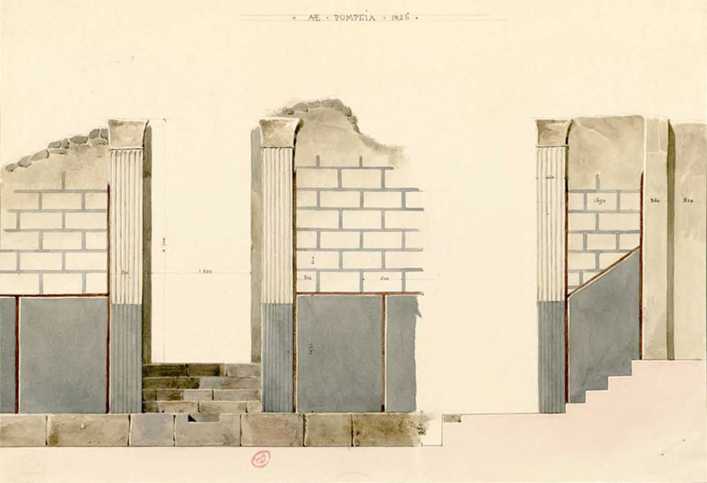 VI.17.32 Pompeii. 1826. Watercolour sketch by P.A. Poirot, of entrance doorway and painted stucco of facade.
According to PAH, the external façade of this house was clad with white stucco, with squarings imitating large stones, and between them were seen distinct lines coloured blue.
See Poirot, P. A., 1826. Carnets de dessins de Pierre-Achille Poirot. Tome 2 : Pompeia, pl. 74.
See Book on INHA Document placé sous « Licence Ouverte / Open Licence » Etalab