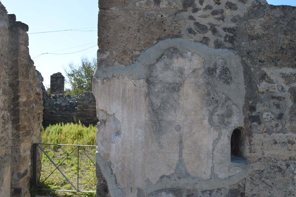 VI.17.32 Pompeii. March 2019. Detail from front wall on north side of doorway.
Foto Taylor Lauritsen, ERC Grant 681269 DÉCOR.