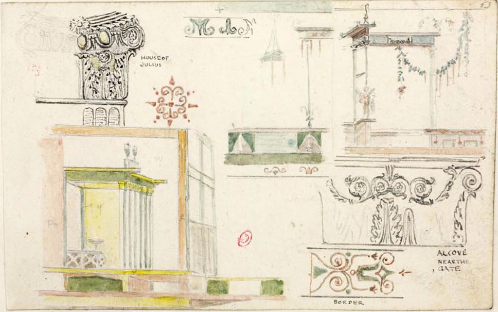 VI.17.32/36 Pompeii. Sketches by Gell, between 1819 and 1832, described as from House of Julius.   
See Gell, W. Pompeii unpublished [Dessins de l'dition de 1832 donnant le rsultat des fouilles post 1819 (?)] vol II, pl. 88.
Bibliothque de l'Institut National d'Histoire de l'Art, collections Jacques Doucet, Identifiant numrique Num MS180 (2).
See book in INHA Use Etalab Licence Ouverte

