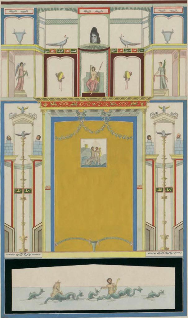 VI.17.25 Pompeii?  C.1824?
This painting by Raoul Rochette is very similar to the above, but the description of the two women at the upper sides would seem to fit more with the description from the Temple of Isis, or a nearby room. 
See Fiorelli G., 1860. Pompeianarum antiquitatum historia, Vol. 1: 1748 - 1818, Naples, Pars Prima, p. 190 dated 19th July 1766.

According to Pagano and Prisciandaro, this was found 19th July 1766 –
3.“L’intonaco più grande dell’altro stanzino era diviso egualmente da due compartimenti: nel mezzo dell’inferiore, attorniato da una leggiera architettura e da alcuni ramoscelli, vi era un quadro di circa 1 pal. e ½ con un Chirone, che insegna a suonare la lira ad Achille, il quale non differisce dal già pubblicato nel I volume delle Antichità di Ercolano.
4. Nel mezzo del compartimento superiore vi era un giovane, che credo un bacco, nudo dalla mezza vita in sopra, coronato di palme, che tiene con la sinistra un tirso, il destro braccio lo appoggia sopra la testa, e sta assiso in un nobile sedile o letto con spalliera. Questa figura viene compresa da un’architettura, sopra la di cui cornice vi era una maschera, 
5. dai lati vi sono due donne alate, una che porta una canestra di fiore ed un festone, e l’altra, che porta una palma ed un festone 
(NAP 9204, AdE VII, 17, 79); il restante del compartimento era tutto in campo bianco, viene coronato da architetture grottesche e da ramoscelli e festoni, e da alcuni piccioli riquadri con paesini, e vi sono sospesi de’ nastri, de’ corni, de’ cembali, a de’ canestri.
(trans:
3."The larger stucco of the other room was divided equally by two compartments: in the middle of the lower, surrounded by a light architecture and some leaves/twigs, there was a picture of about 1 pal. and 1/2 with Chiron teaching Achilles to play the lyre, which does not differ from that already published in the first volume of the Antiquities of Herculaneum.
4. In the middle of the upper compartment there was a young man, who I believe to be Bacchus, naked from the middle waist upwards, crowned with palms, holding a thyrsus with his left hand, his right arm resting on his head, and sitting in a noble seat or bed with a back. This figure is included in an architecture, above whose frame there was a mask, 
5. at the sides there are two winged women, one carrying a basket of flowers and a garland, and the other, carrying a palm tree and a garland (NAP 9204, AdE VII, 17, 79); the rest of the compartment was all on a white background, crowned with grotesque architectures and leaves/twigs and garlands, and with some small panels of landscapes, and there are ribbons, horns, cymbals and baskets suspended.)
See Pagano, M. and Prisciandaro, R., 2006. Studio sulle provenienze degli oggetti rinvenuti negli scavi borbonici del regno di Napoli. Naples: Nicola Longobardi. (p.57), with reference to PAH, I, 1, 190.
