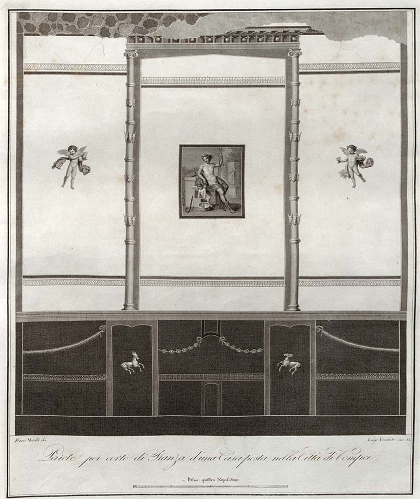 VI.17.36/32 Pompeii. 
Drawing of a short wall of a room belonging to a house on the right of the street near the Gate, no.55 in Gli Ornati index.
(55. Amore che attentamente si specchia in una conca di limpida acqua, ed un eroe assiso che l’osserva.
Parete di una stanza appartenente ad un’abitazione a destra della strada delle porte di Pompei. Incisione del Vocaturo.)
[55. Cupid carefully mirrored in a basin of clear water, and a seated hero observing it.
Wall of a room belonging to a dwelling to the right of the street of the gates of Pompeii. Engraving by Vocaturo.]
See Gli ornati delle pareti ed i pavimenti delle stanze dell'antica Pompei incisi in rame: 1838, tav. 55.
Also seen in –
Gli ornati delle pareti ed i pavimenti delle stanze dell'antica Pompei incisi in rame: 1796, tav. 34.

