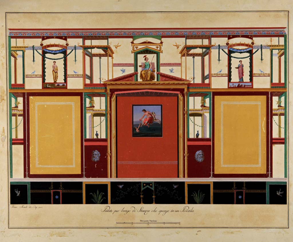 VI.17.36 or VI.17.25, Pompeii. 
Painting by Francesco Morelli, 1810, showing the long wall of a room protruding onto a peristyle.
Now in Naples Archaeological Museum. Inventory number ADS 435.
Photo © ICCD. http://www.catalogo.beniculturali.it
Utilizzabili alle condizioni della licenza Attribuzione - Non commerciale - Condividi allo stesso modo 2.5 Italia (CC BY-NC-SA 2.5 IT)
According to Sampaolo, this painting is identified as being from Masseria Cuomo with the painting of Phrixus and Helle in the centre.
However, she wrote that in 1810 Morelli could not have reproduced the entire wall faithfully with all its paintings, as it had already been detached.
See Sampaolo, V. In Carratelli, G., 2003. Pompei: la documentazione nell’opera di disegnatori e pittori dei secoli XVIII e XIX.  (Roma: Treccani), (p.99)

