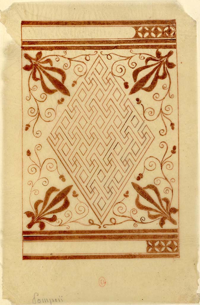 VI.17.36 Pompeii. Mosaic floor, sketched by Antoine-Marie Chenavard, c.1817.
See Chenavard, Antoine-Marie (1787-1883) et al. Voyage d'Italie, croquis Tome 3, pl. 105.
INHA Identifiant numérique : NUM MS 703 (3). See Book on INHA 
Document placé sous « Licence Ouverte / Open Licence » Etalab   
