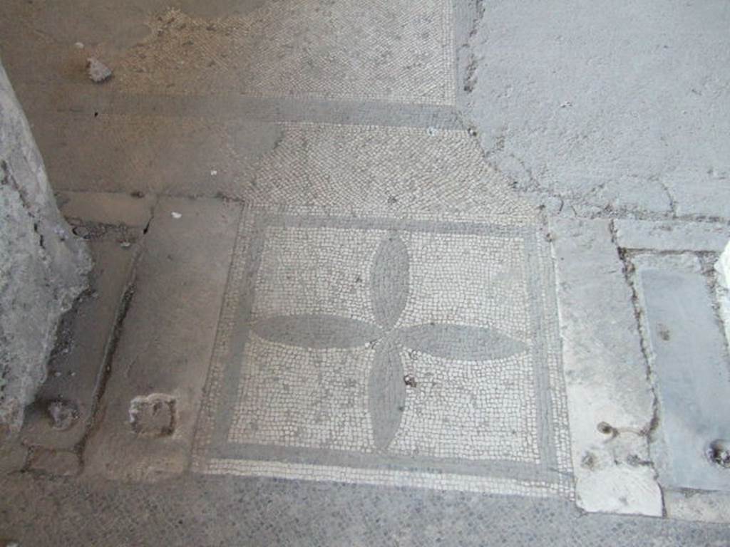 VI.17.41 Pompeii. May 2006. Mosaic door threshold between atrium and triclinium. The threshold of black and white mosaic shows a 4-petalled rosette bordered by a black edge.
On either side of the mosaic threshold, the holes for the door hinges belonging to a door with two shutters, can be seen. In the upper left corner, the “carpet” pattern of the anteroom floor consisting of small black crosses set in a black border, can be seen.
