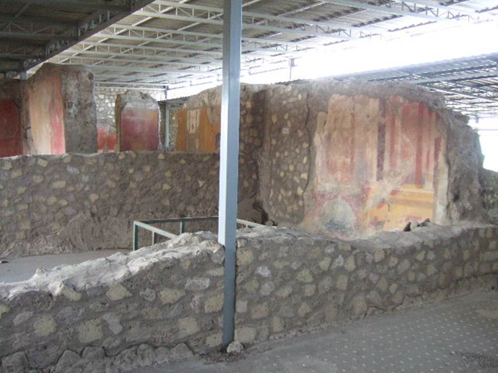 VI.17.41 Pompeii. May 2006. Looking south-west  at west wall of room with painted decoration, on south side of atrium.
