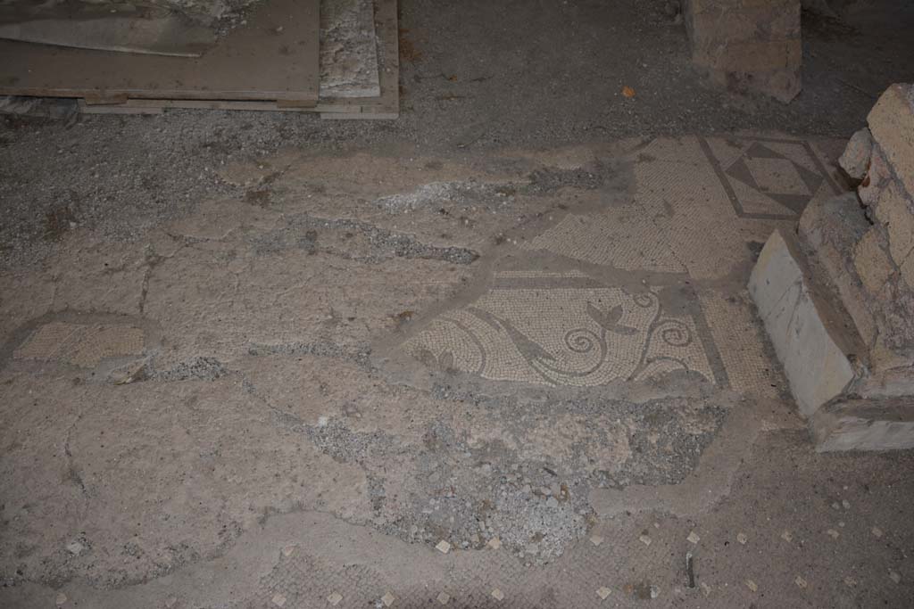 VI.17.41 Pompeii. September 2019. Detail of doorway threshold between atrium and north ala.
On the right is a simple geometric mosaic threshold leading into a corridor on the north side of the atrium.
Foto Annette Haug, ERC Grant 681269 DÉCOR.
