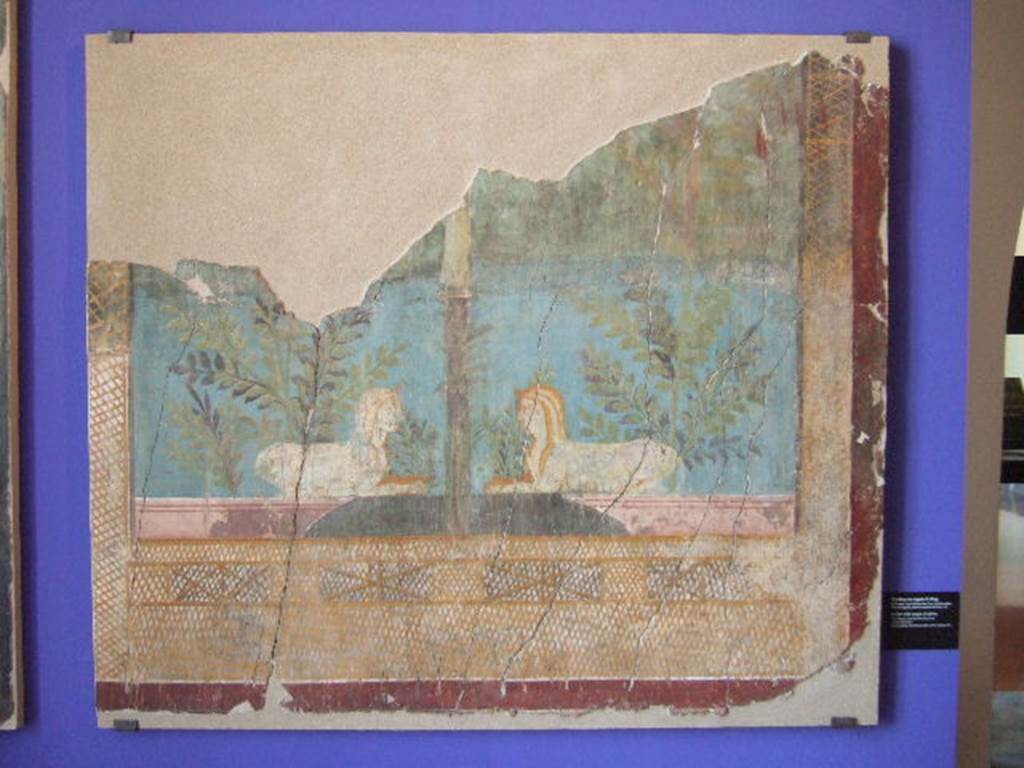 VI.17.42 Pompeii. Summer triclinium 31, north wall, west end, garden scene with two sphinx. Now in Naples Archaeological Museum.