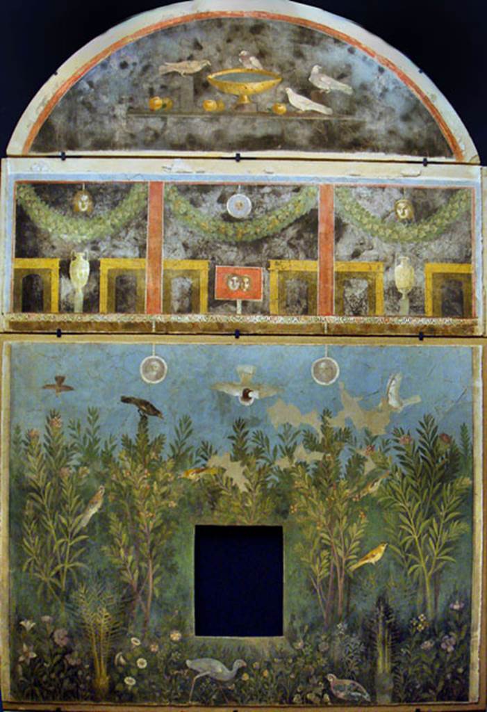 VI.17.42 Pompeii. Oecus 32. Garden fresco from east wall. Inventory number 40691. Photograph courtesy of Stefano Bolognini (Own work) via Wikimedia Commons.