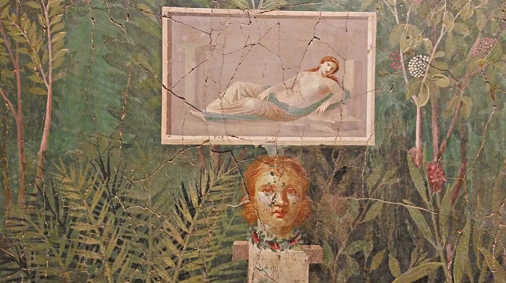 VI.17.42 Pompeii. December 2019. Oecus 32, detail from part of garden fresco from north wall.
On display in exhibition “Pompei e Santorini” in Rome, 2019. Photo courtesy of Giuseppe Ciaramella.